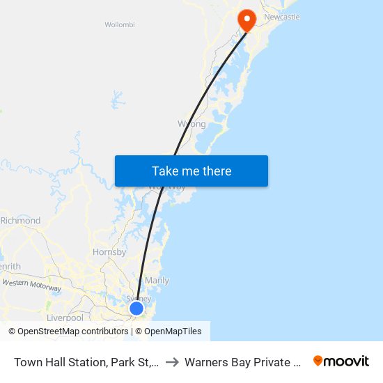 Town Hall Station, Park St, Stand G to Warners Bay Private Hospital map