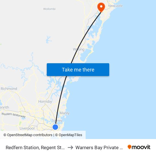 Redfern Station, Regent St, Stand C to Warners Bay Private Hospital map