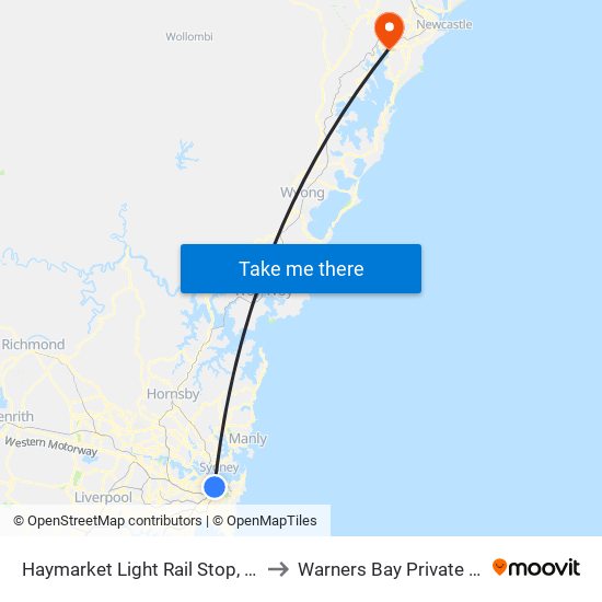 Haymarket Light Rail Stop, Rawson Pl to Warners Bay Private Hospital map