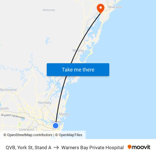 QVB, York St, Stand A to Warners Bay Private Hospital map
