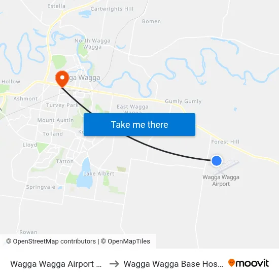 Wagga Wagga Airport WGA to Wagga Wagga Base Hospital map