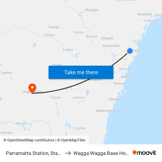 Parramatta Station, Stand A2 to Wagga Wagga Base Hospital map