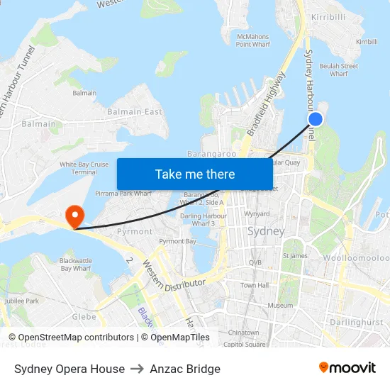 Sydney Opera House to Anzac Bridge map