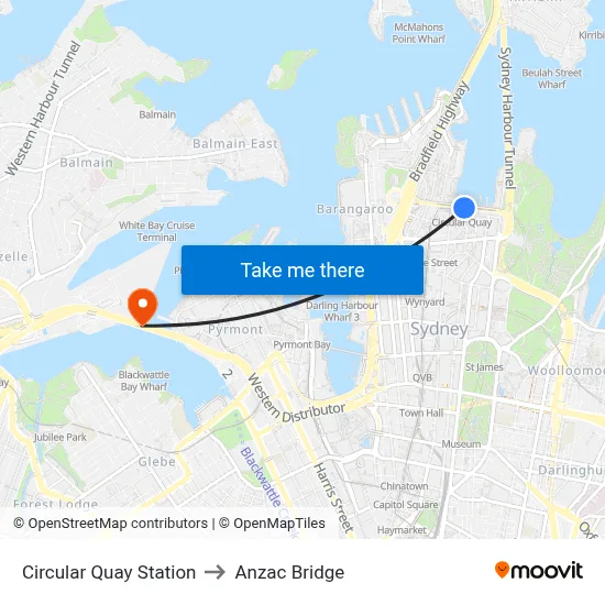 Circular Quay Station to Anzac Bridge map