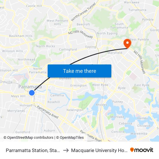 Parramatta Station, Stand A2 to Macquarie University Hospital map