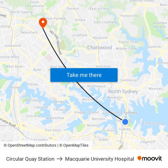 Circular Quay Station to Macquarie University Hospital map