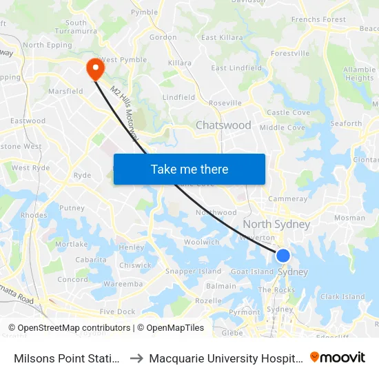 Milsons Point Station to Macquarie University Hospital map