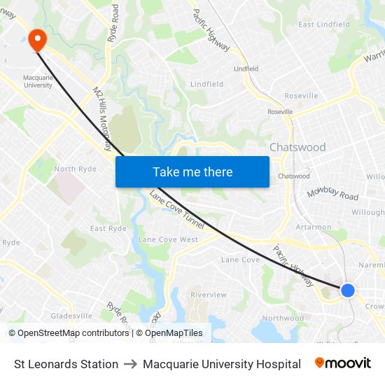 St Leonards Station to Macquarie University Hospital map