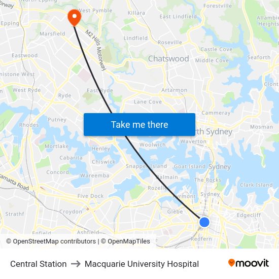 Central Station to Macquarie University Hospital map