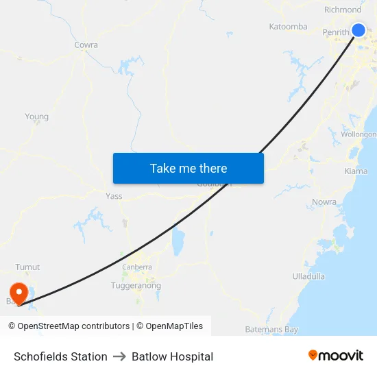 Schofields Station to Batlow Hospital map