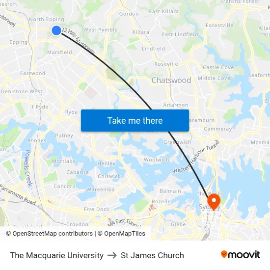 The Macquarie University to St James Church map