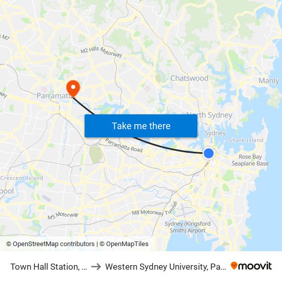 Town Hall Station, Park St, Stand J to Western Sydney University, Parramatta South Campus map