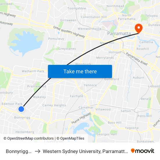 Bonnyrigg T-Way to Western Sydney University, Parramatta South Campus map