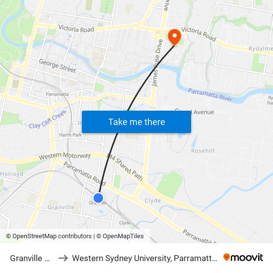 Granville Station to Western Sydney University, Parramatta South Campus map
