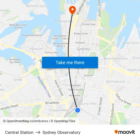 Central Station to Sydney Observatory map