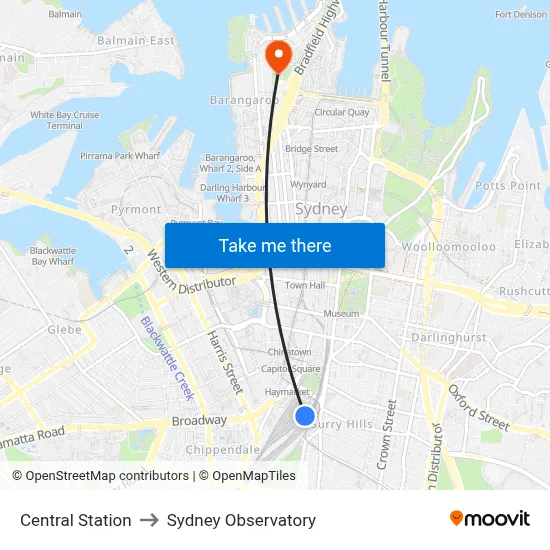 Central Station to Sydney Observatory map