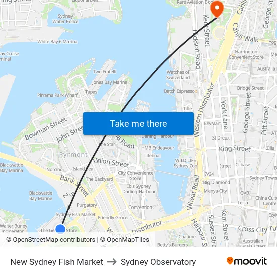 New Sydney Fish Market to Sydney Observatory map