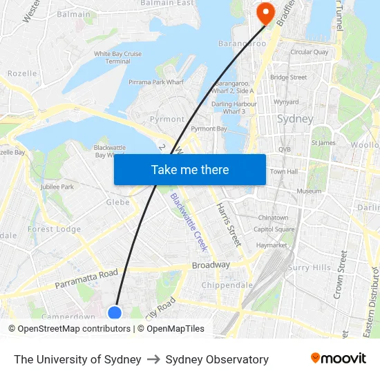 The University of Sydney to Sydney Observatory map