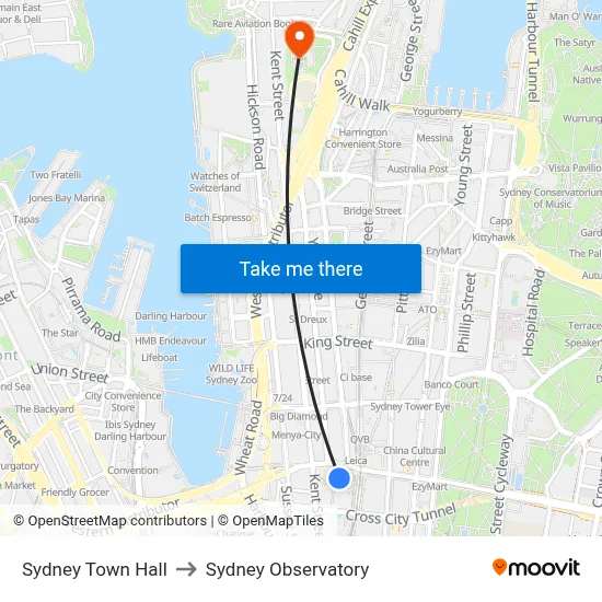 Sydney Town Hall to Sydney Observatory map