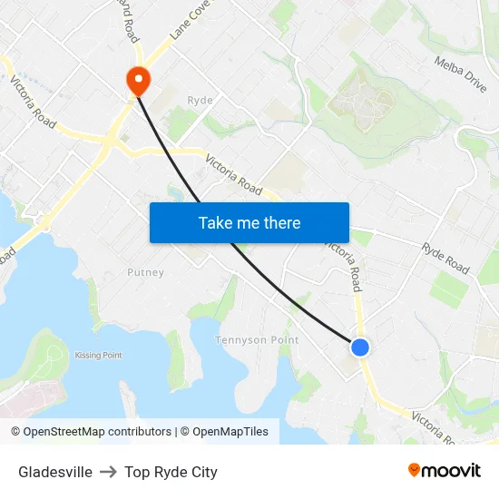 Gladesville to Top Ryde City map