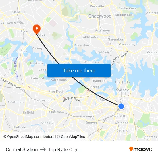 Central Station to Top Ryde City map