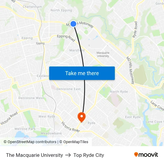 The Macquarie University to Top Ryde City map