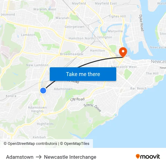 Adamstown to Newcastle Interchange map