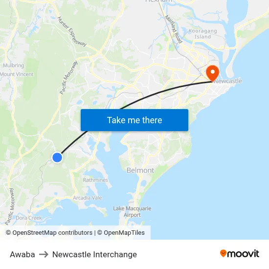 Awaba to Newcastle Interchange map