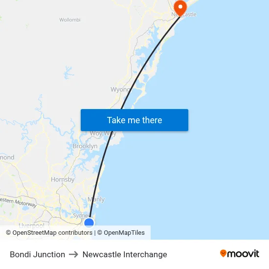 Bondi Junction to Newcastle Interchange map