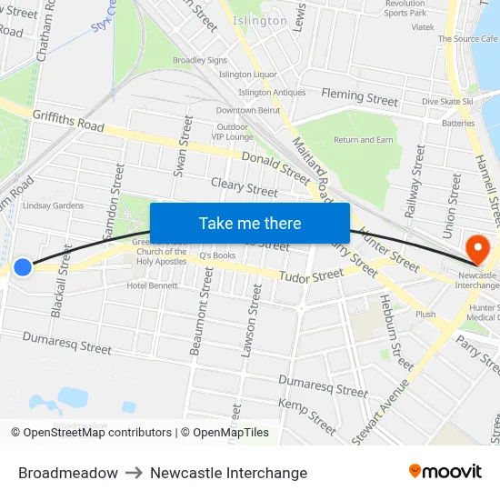 Broadmeadow to Newcastle Interchange map