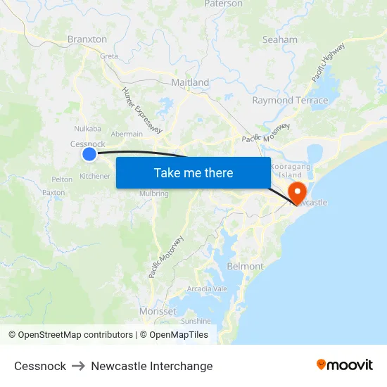 Cessnock to Newcastle Interchange map
