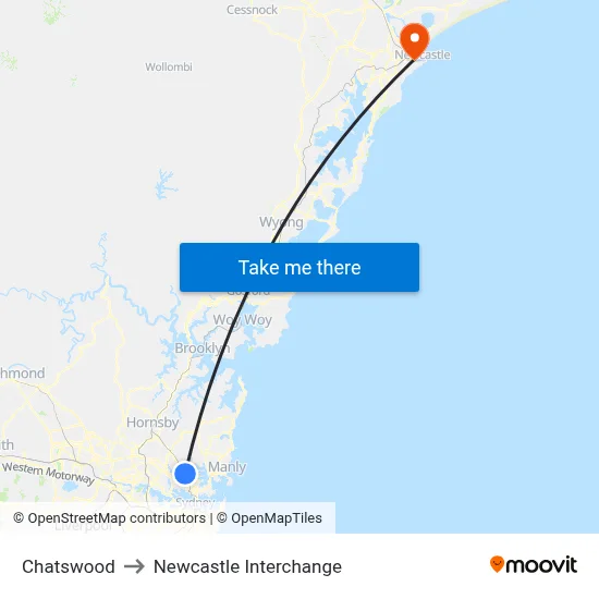 Chatswood to Newcastle Interchange map