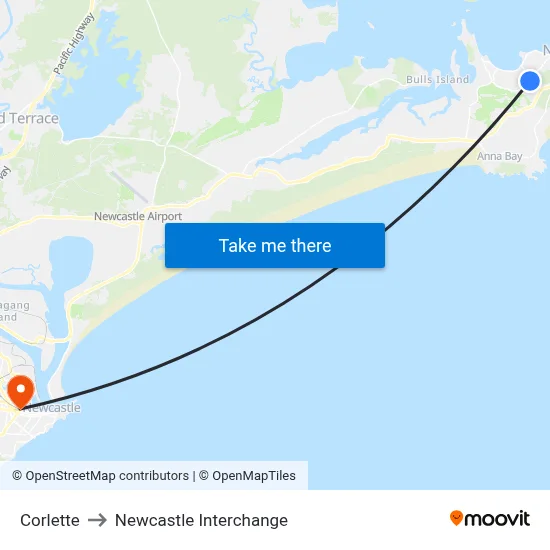 Corlette to Newcastle Interchange map