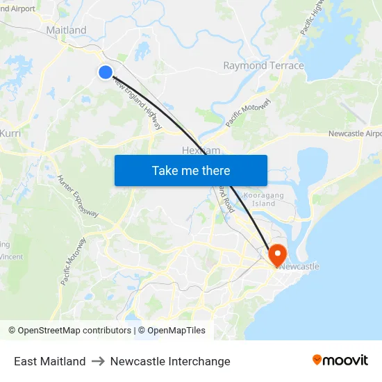 East Maitland to Newcastle Interchange map