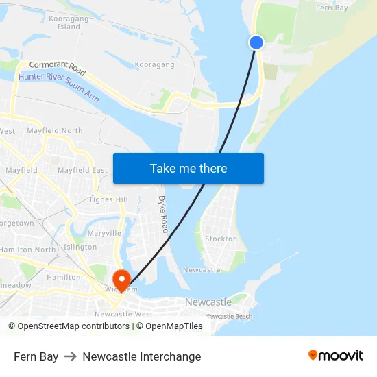 Fern Bay to Newcastle Interchange map