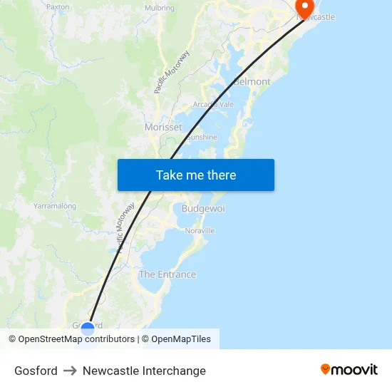 Gosford to Newcastle Interchange map