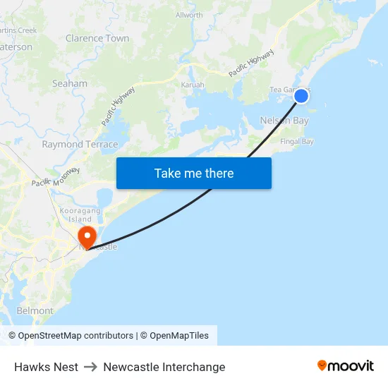 Hawks Nest to Newcastle Interchange map