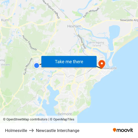 Holmesville to Newcastle Interchange map