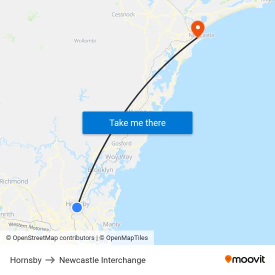 Hornsby to Newcastle Interchange map