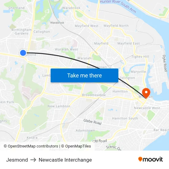 Jesmond to Newcastle Interchange map