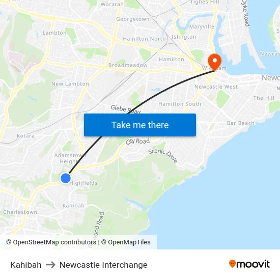 Kahibah to Newcastle Interchange map