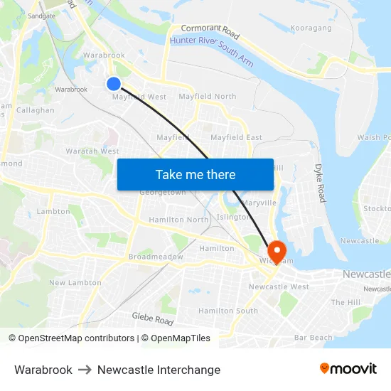 Warabrook to Newcastle Interchange map