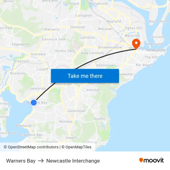 Warners Bay to Newcastle Interchange map