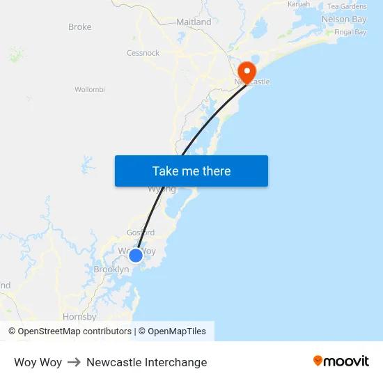Woy Woy to Newcastle Interchange map