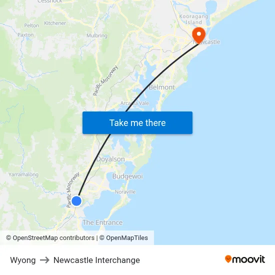 Wyong to Newcastle Interchange map