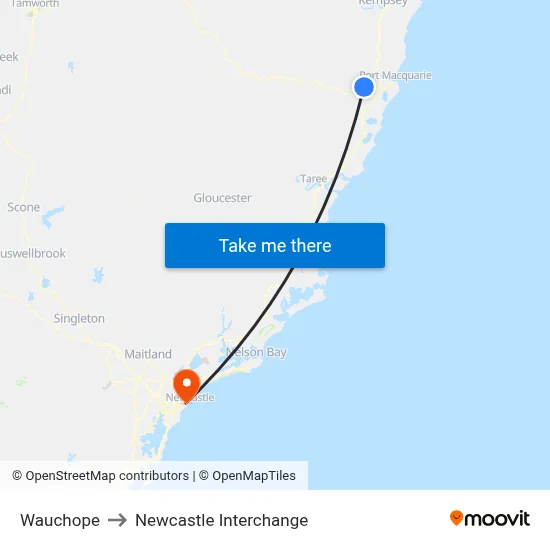 Wauchope to Newcastle Interchange map