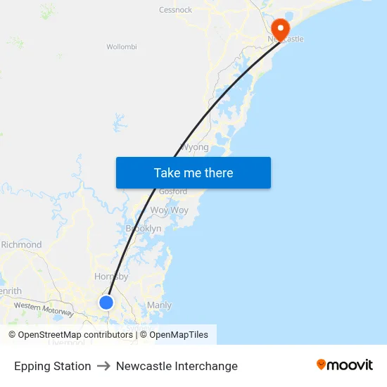 Epping Station to Newcastle Interchange map
