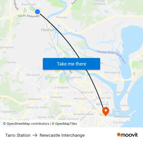 Tarro Station to Newcastle Interchange map