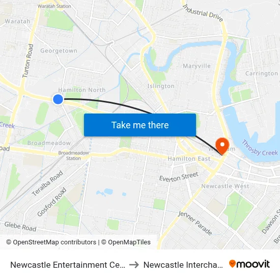 Newcastle Entertainment Centre to Newcastle Interchange map