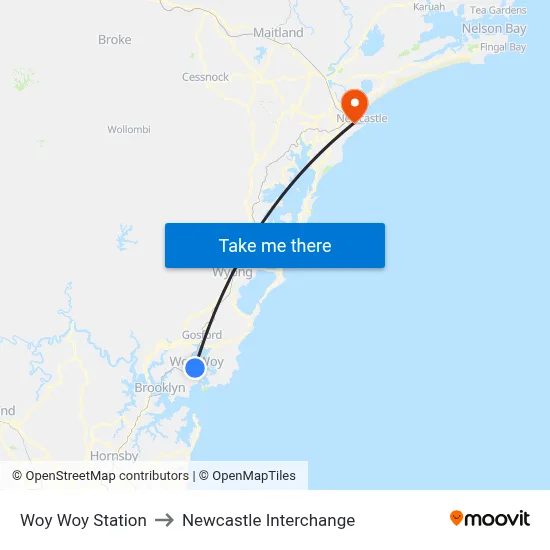Woy Woy Station to Newcastle Interchange map